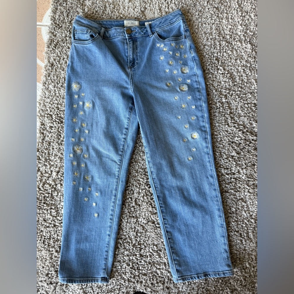 Logo by Lori Goldstein Blue Straight Leg Jeans with Artistic Distressing
